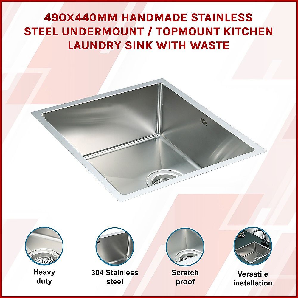 490x440mm Handmade 1.2mm Stainless Steel Undermount Topmount Kitchen Laundry Sink with Waste