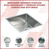 490x440mm Handmade 1.2mm Stainless Steel Undermount Topmount Kitchen Laundry Sink with Waste