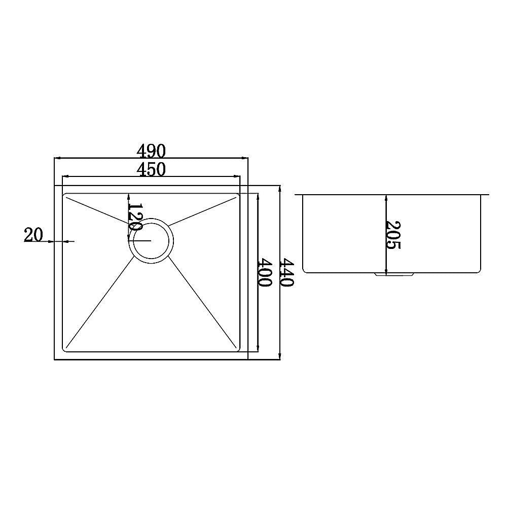 490x440mm Handmade 1.2mm Stainless Steel Undermount Topmount Kitchen Laundry Sink with Waste