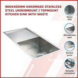 960x450mm Handmade 1.2mm Stainless Steel Undermount Topmount Kitchen Sink with Waste