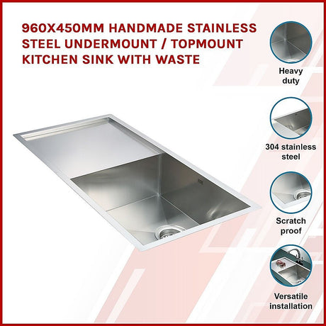 960x450mm Handmade 1.2mm Stainless Steel Undermount Topmount Kitchen Sink with Waste