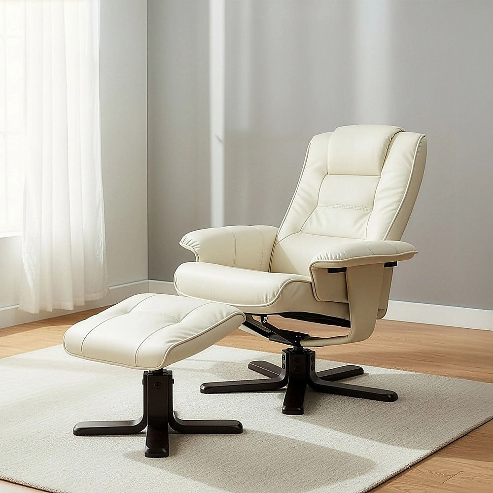 Massage Chair Recliner – Cream PU Leather Chair with Ottoman & Remote