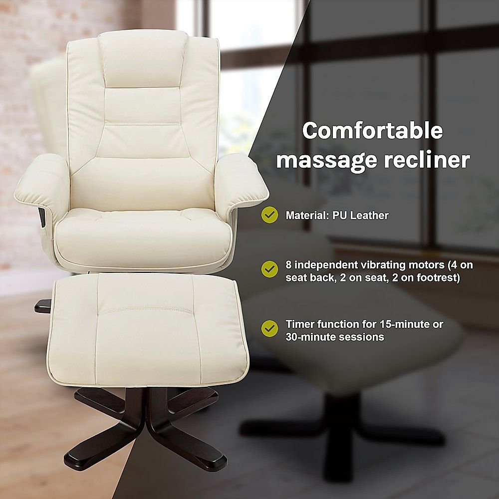 Massage Chair Recliner – Cream PU Leather Chair with Ottoman & Remote