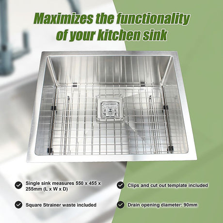550x455mm Handmade 1.5mm Stainless Steel Kitchen Sink with Waste and Grid