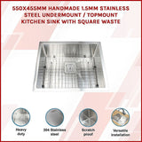 550x455mm Handmade 1.5mm Stainless Steel Kitchen Sink with Waste and Grid