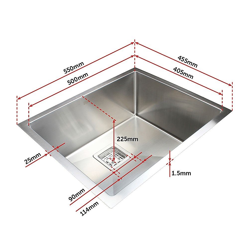 550x455mm Handmade 1.5mm Stainless Steel Kitchen Sink with Waste and Grid