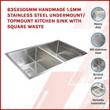 835x505mm Handmade 1.5mm Stainless Steel Undermount / Topmount Kitchen Sink with Square Waste