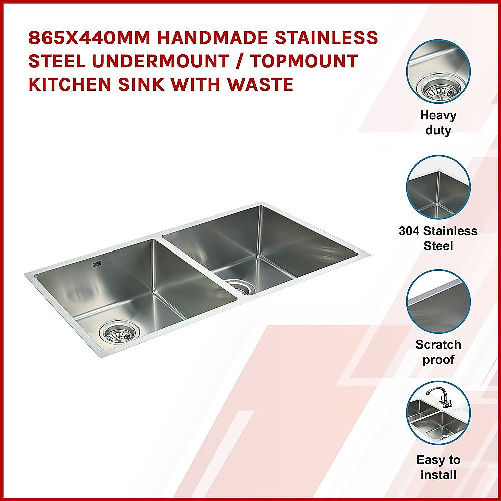 865x440mm Handmade Stainless Steel Undermount / Topmount Kitchen Sink with Waste