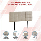 Linen Fabric King Bed Deluxe Headboard Bedhead - Beige