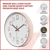 Modern Rose Gold Wall Clock – Silent Non-Ticking Quartz Battery Operated Design