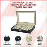 Watch Box - 24 Slot Luxury Display Case With Framed Glass Lid