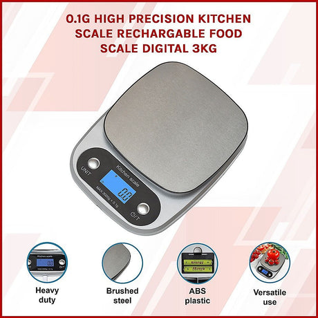 0.1g Digital Kitchen Scale 3kg Rechargeable High Precision Food