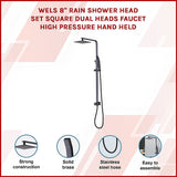 WELS 8" Rain Shower Head Set Square Dual Heads Faucet High Pressure Hand Held