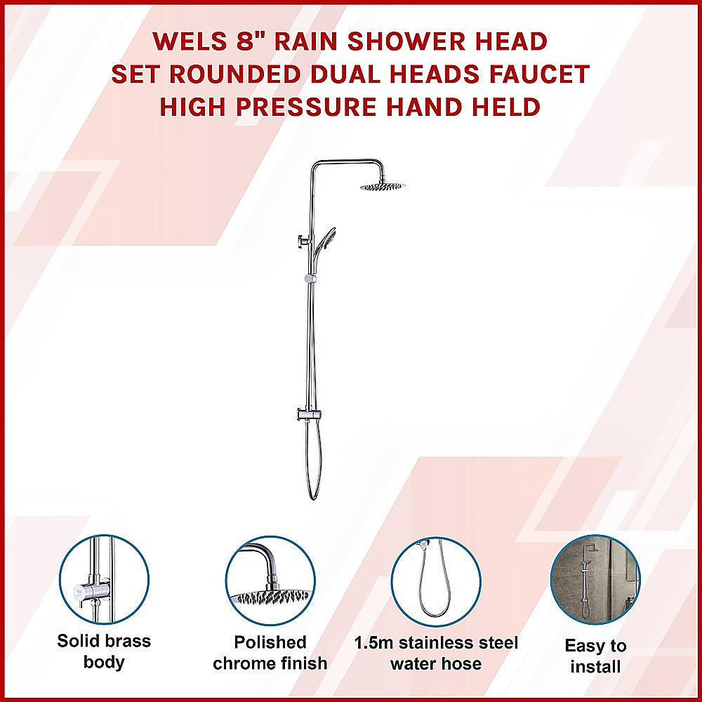 WELS 8" Rain Shower Head Set Rounded Dual Heads Faucet High Pressure Hand Held