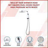 WELS 8" Rain Shower Head Set Square Dual Heads Faucet High Pressure Hand Held