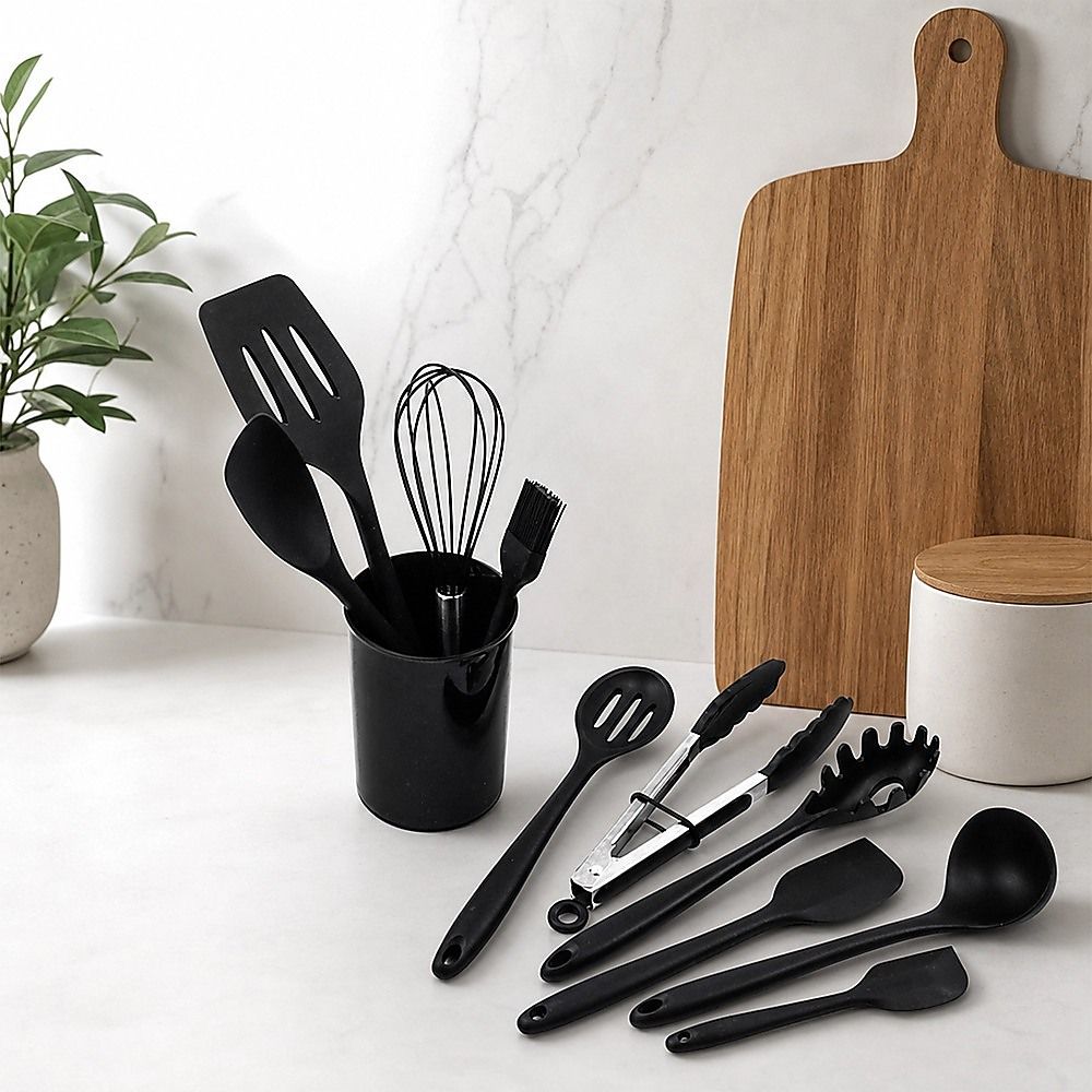 Silicone Kitchen Utensil Set – Black 11-Piece Set with Holder