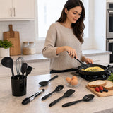 Silicone Kitchen Utensil Set – Black 11-Piece Set with Holder