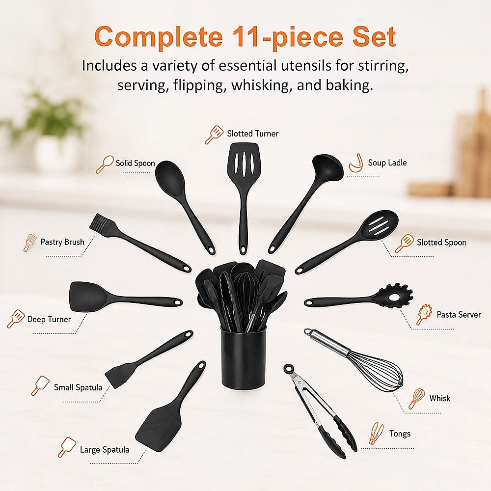 Silicone Kitchen Utensil Set – Black 11-Piece Set with Holder
