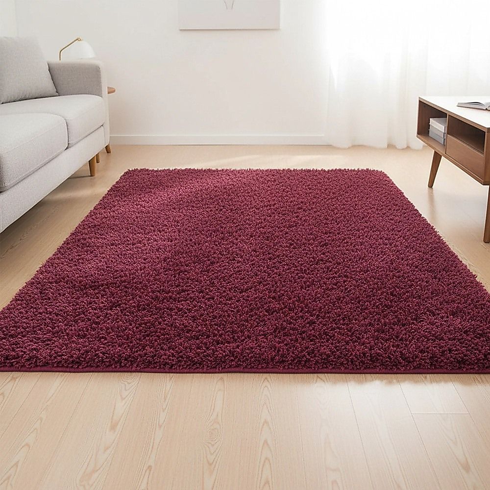 Large Shag Rug – Soft 200x140cm Burgundy Floor Rug with Anti-Slip Backing