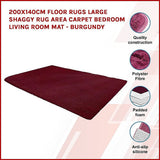 Large Shag Rug – Soft 200x140cm Burgundy Floor Rug with Anti-Slip Backing