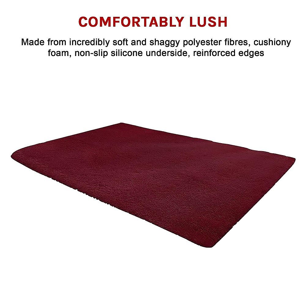 Large Shag Rug – Soft 200x140cm Burgundy Floor Rug with Anti-Slip Backing