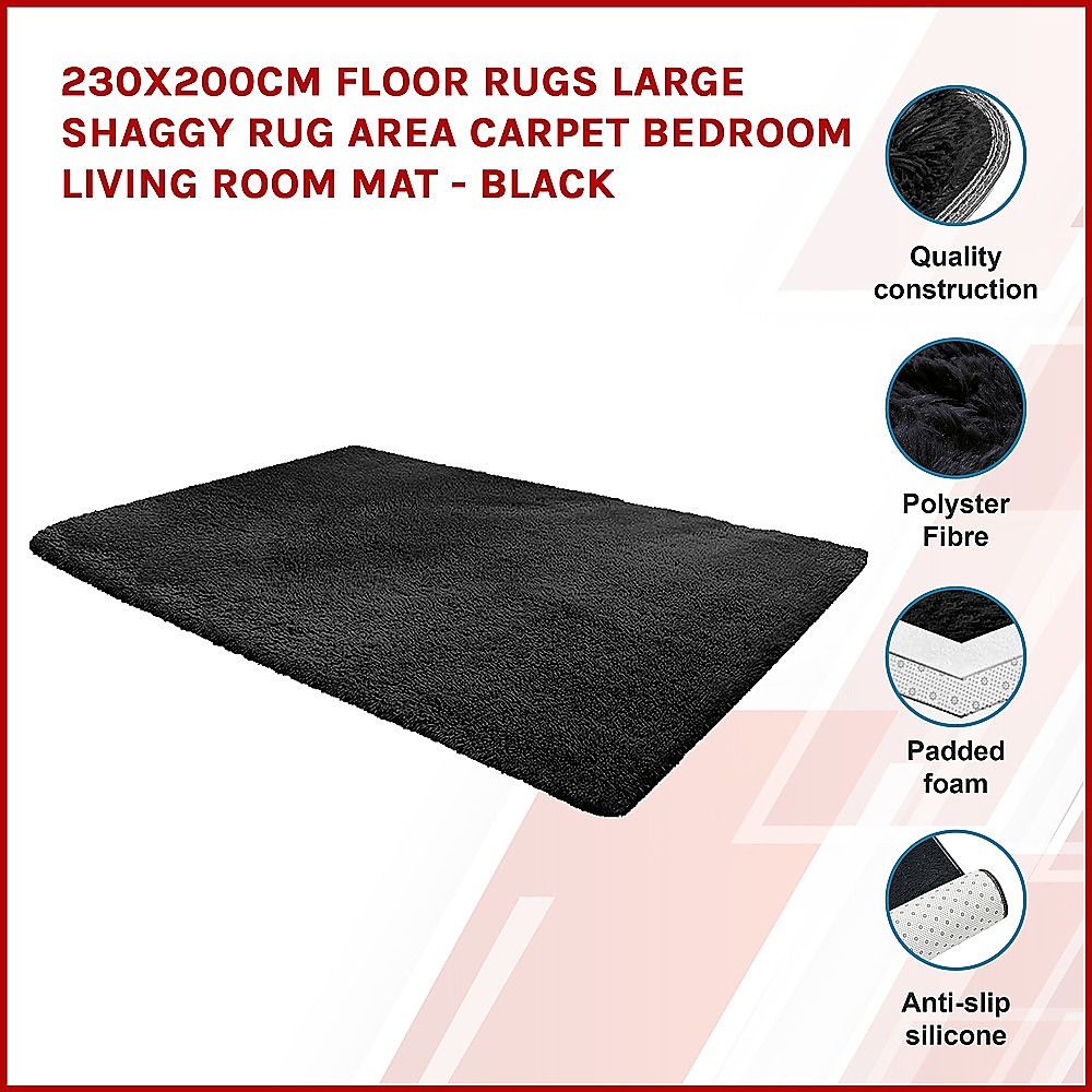 Large Shag Rug – Soft 230x160cm Black Floor Rug with Anti-Slip Backing