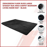 Large Shag Rug – Soft 230x160cm Black Floor Rug with Anti-Slip Backing