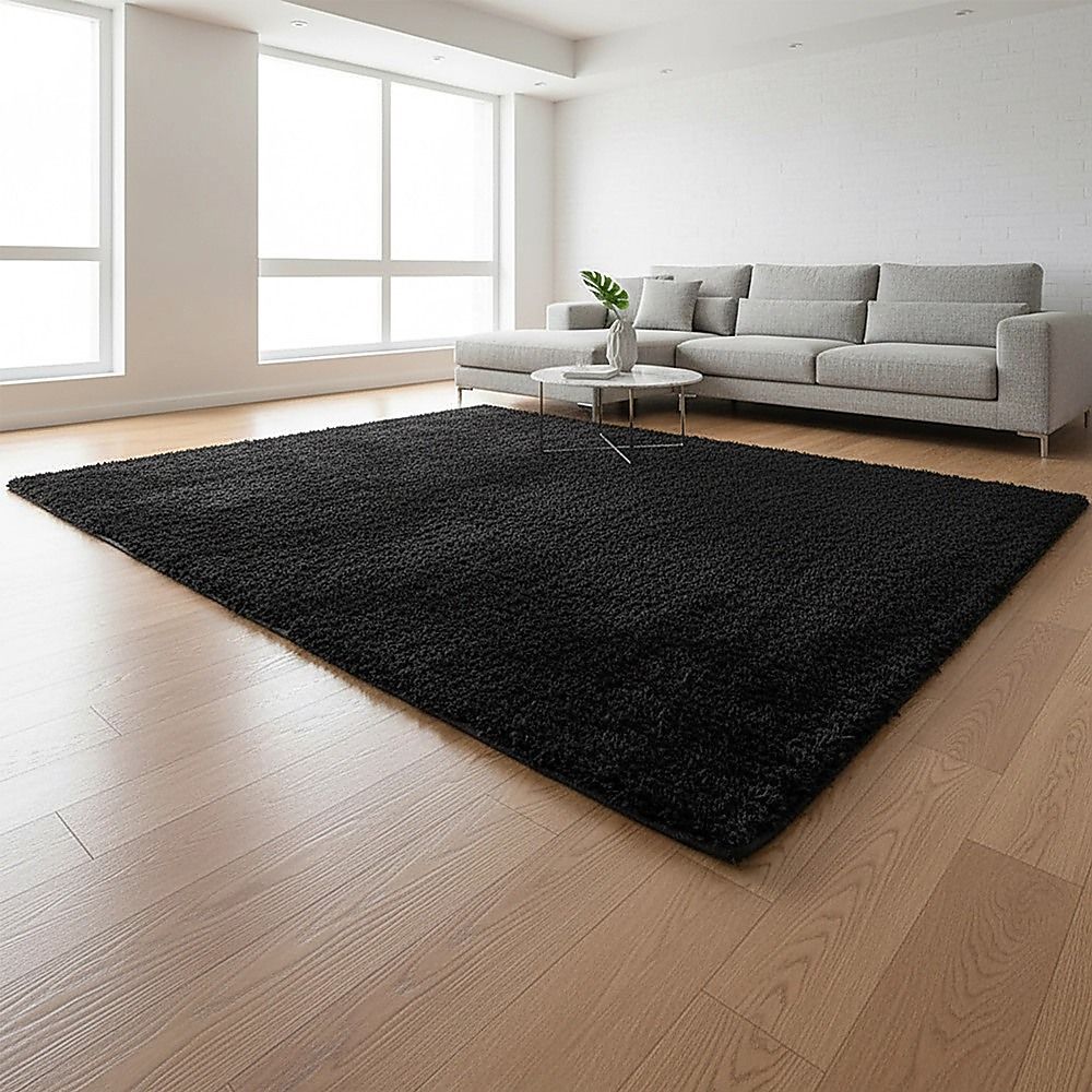 Large Shag Rug – Soft 230x200cm Black Floor Rug with Anti-Slip Backing