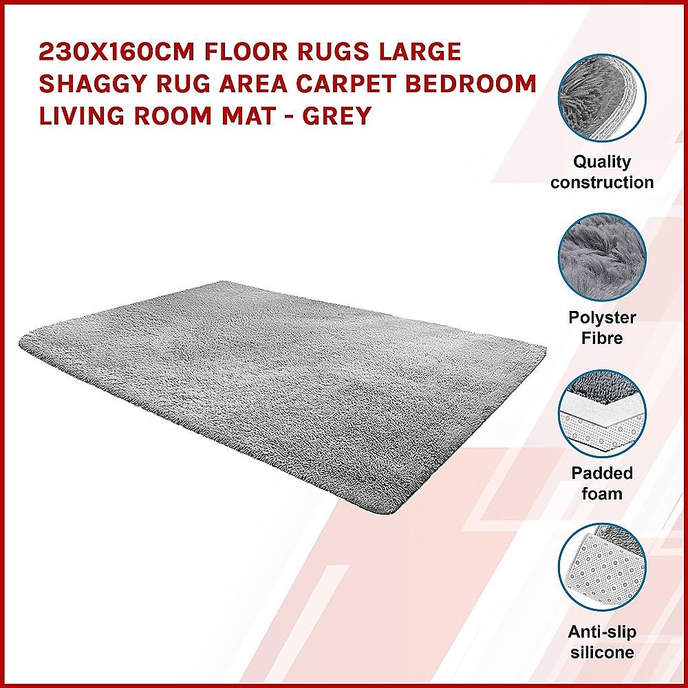 Large Shag Rug – Soft 230x160cm Grey Floor Rug with Anti-Slip Backing