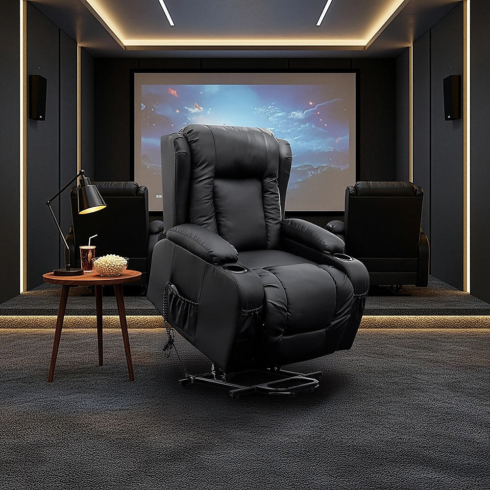 Recliner Chair – Electric Massage Lift Chair with Heat Function PU Leather Lounge Sofa Black