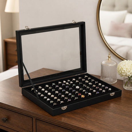 100 Slot Jewellery Display Box with Glass Lid for Rings, Earrings & Collectables