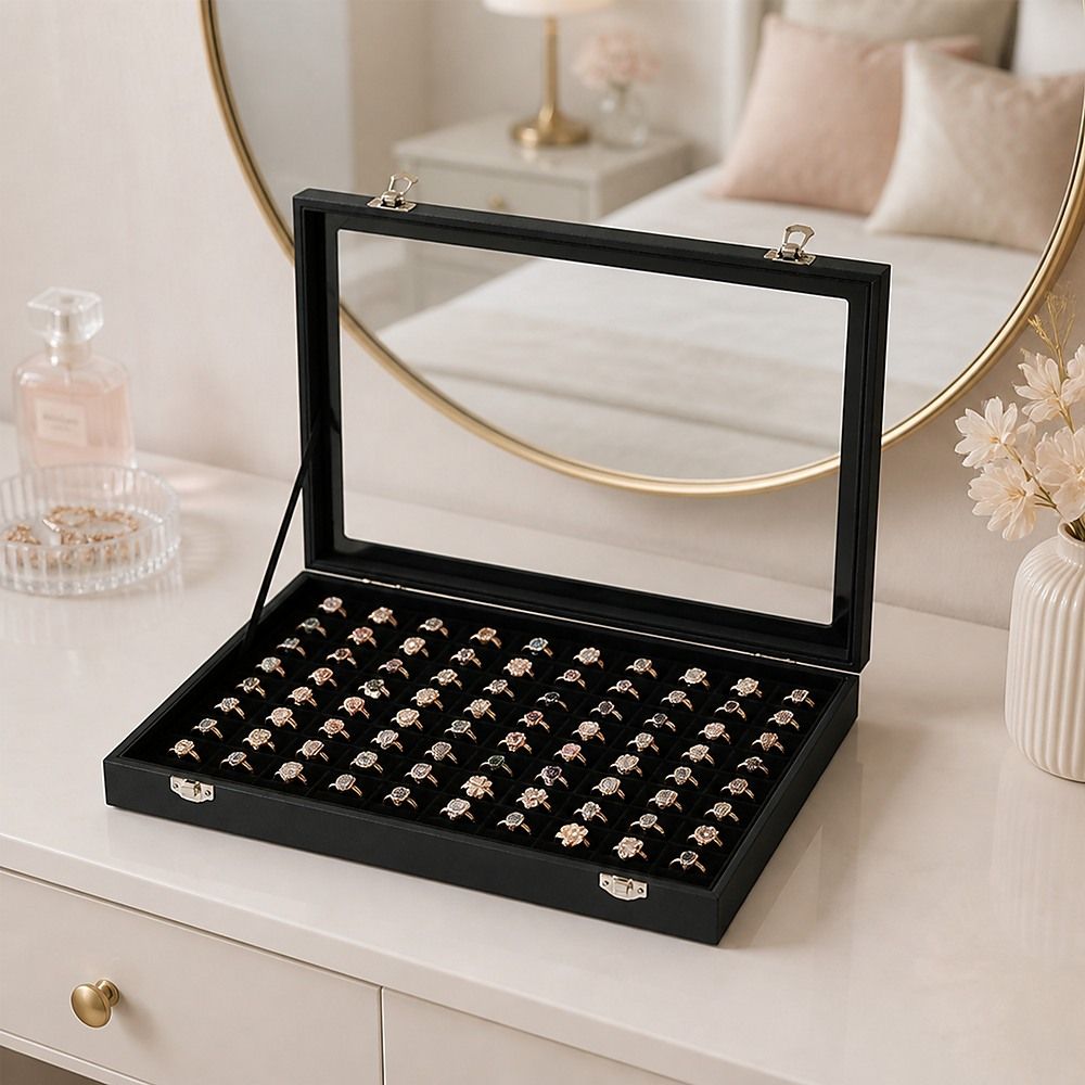 100 Slot Jewellery Display Box with Glass Lid for Rings, Earrings & Collectables