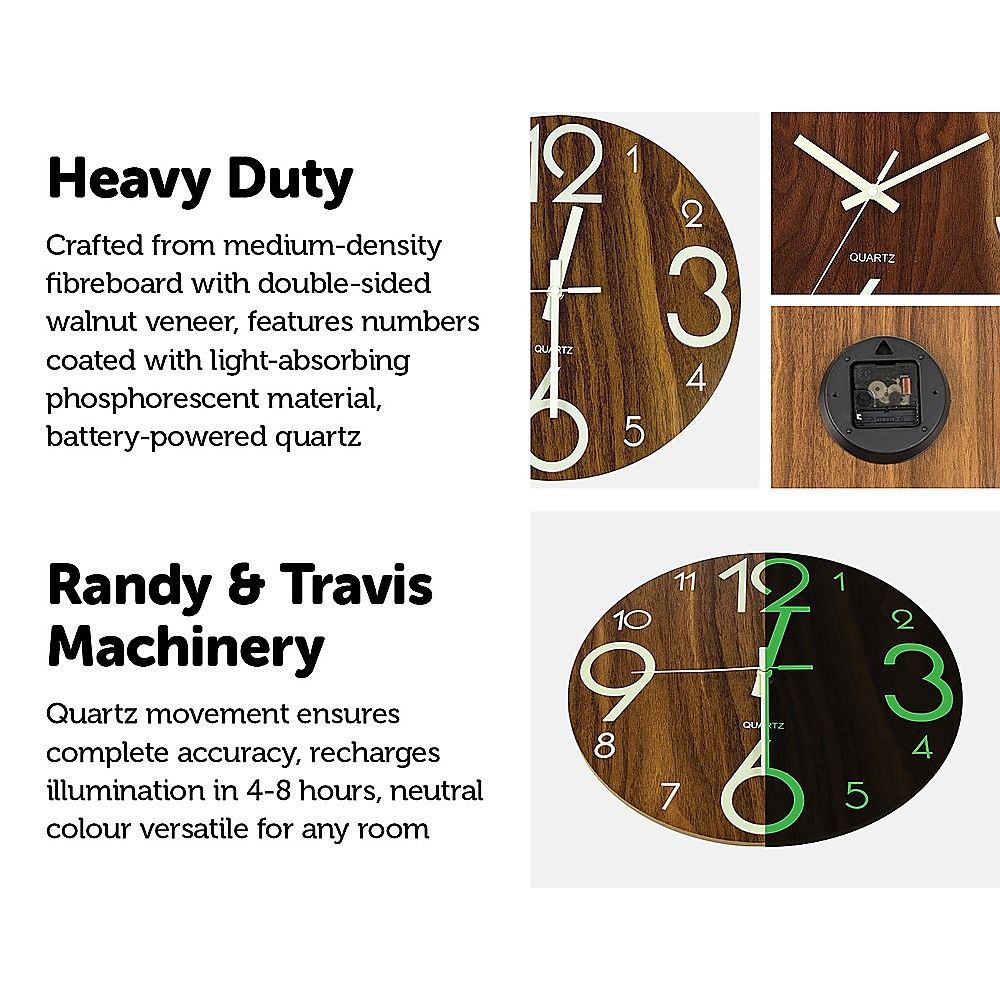Glow In The Dark Wall Clock 30cm – Luminous Quartz Quiet Wooden Home Décor