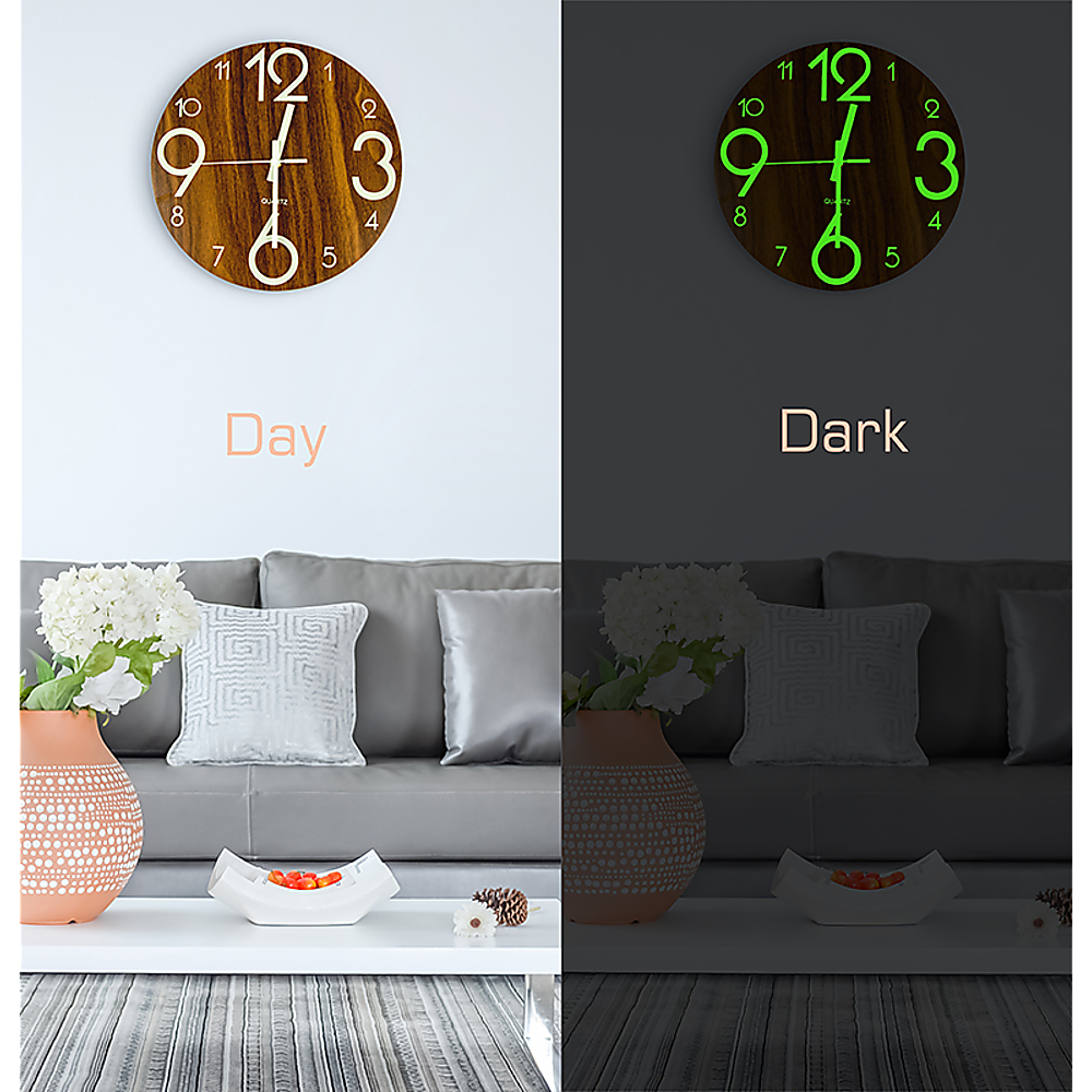 Glow In The Dark Wall Clock 30cm – Luminous Quartz Quiet Wooden Home Décor