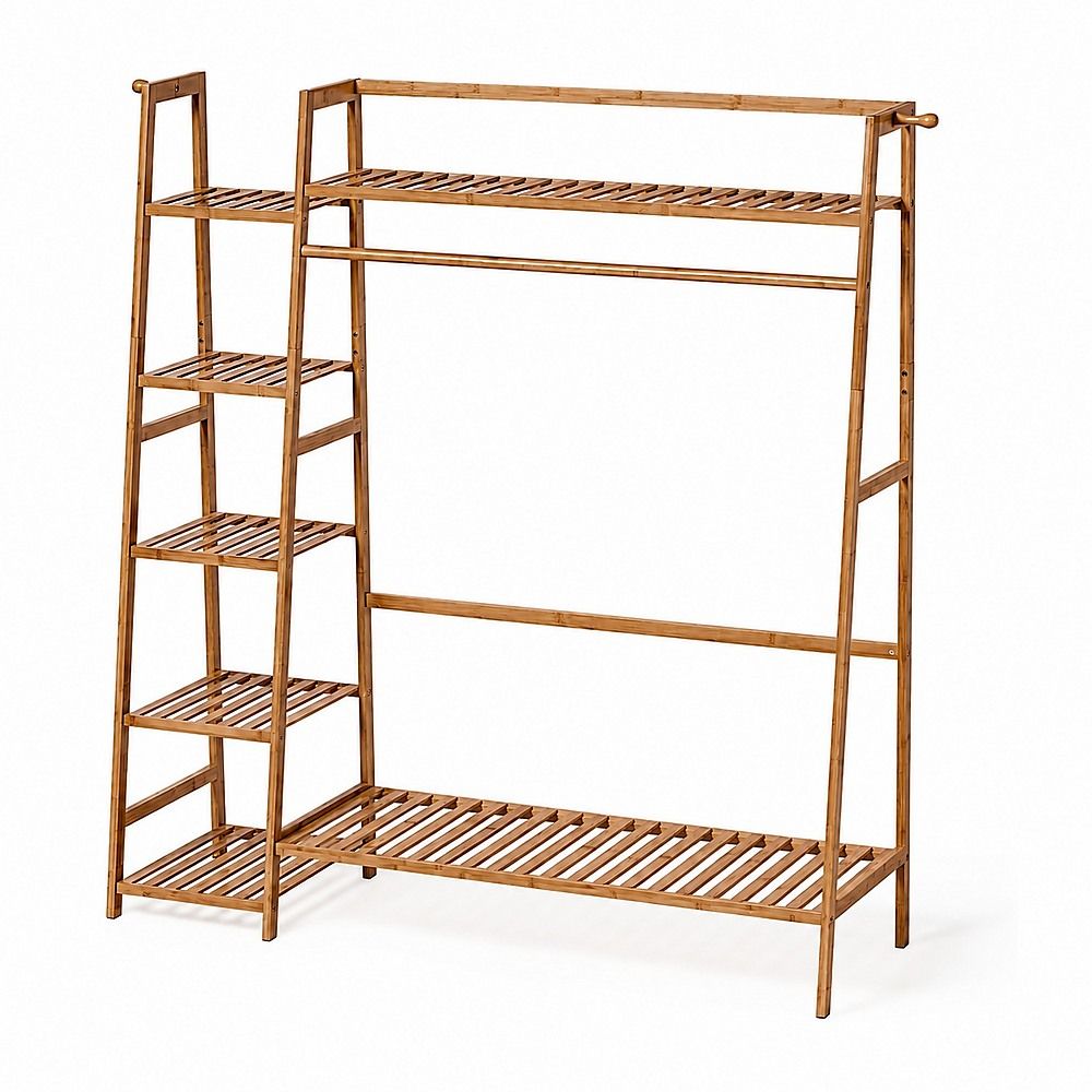Portable Clothes Rack Coat Garment Stand Bamboo Rail Hanger Airer Closet