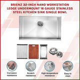 BRIENZ 32-inch Nano Workstation Ledge Undermount 16 Gauge Stainless Steel Kitchen Sink Single Bowl