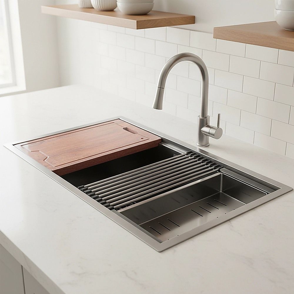 BRIENZ 32-inch Nano Workstation Ledge Undermount 16 Gauge Stainless Steel Kitchen Sink Single Bowl