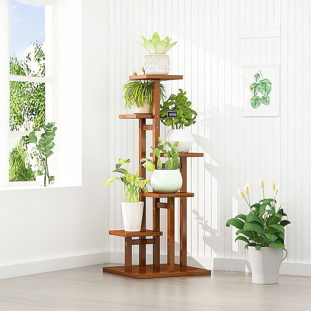 5 Tiers Vertical Bamboo Plant Stand Staged Flower Shelf Rack Outdoor Garden
