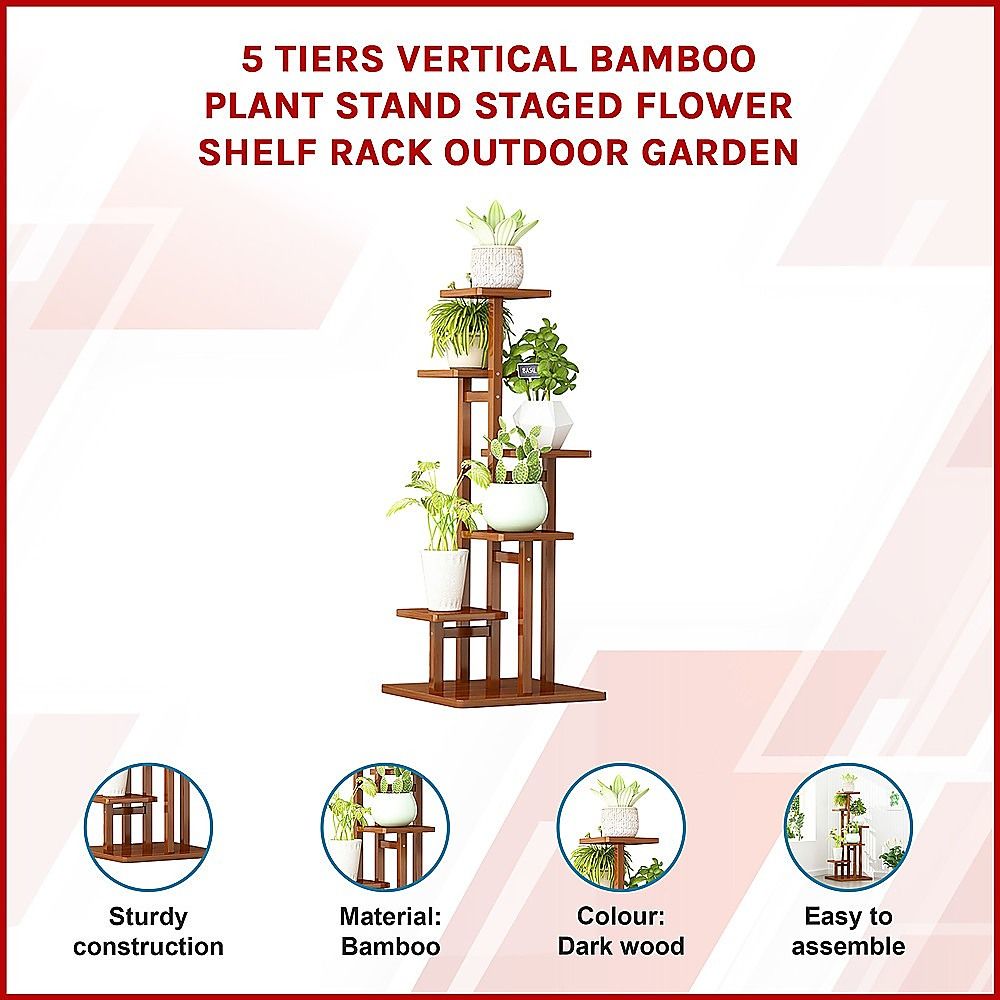 5 Tiers Vertical Bamboo Plant Stand Staged Flower Shelf Rack Outdoor Garden