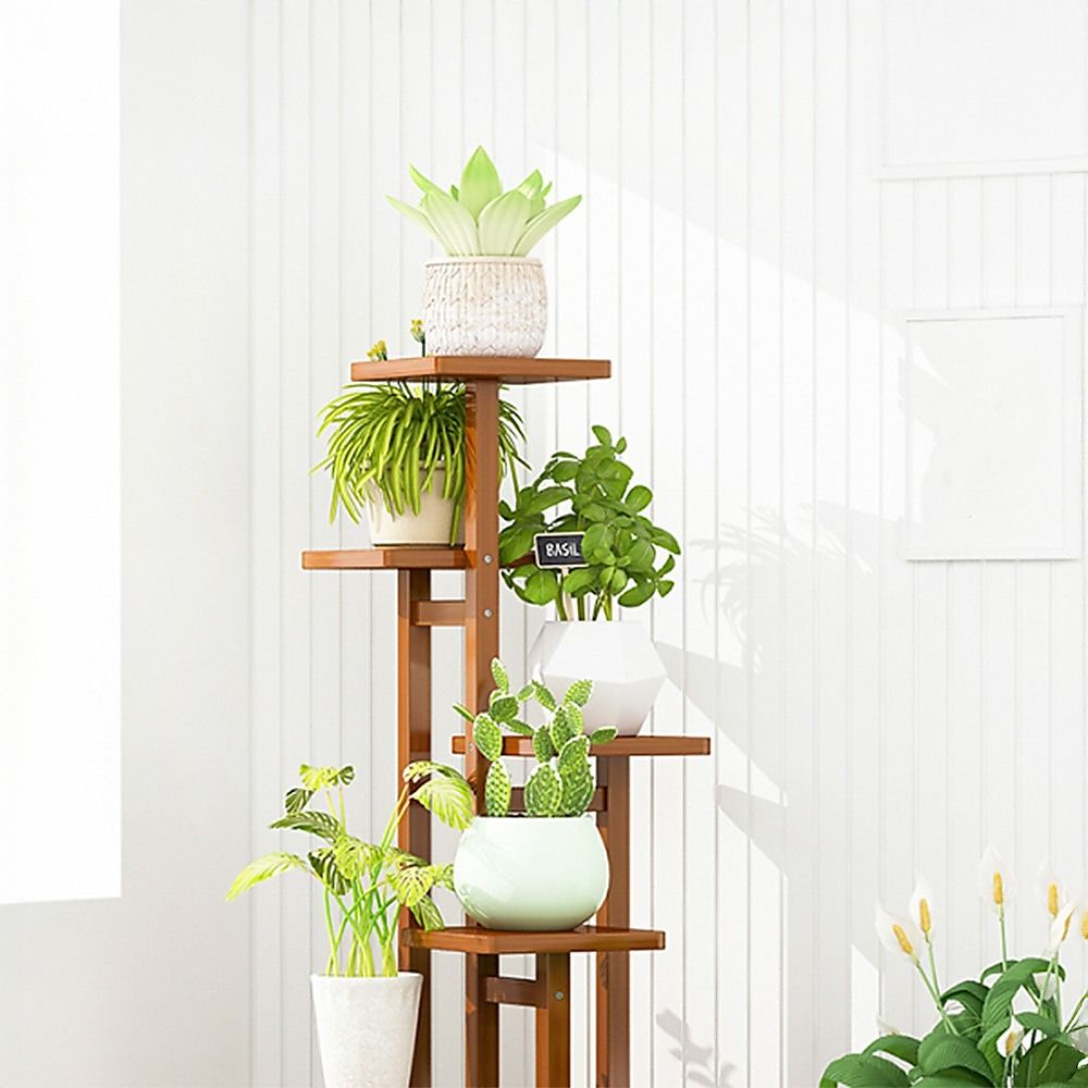 5 Tiers Vertical Bamboo Plant Stand Staged Flower Shelf Rack Outdoor Garden