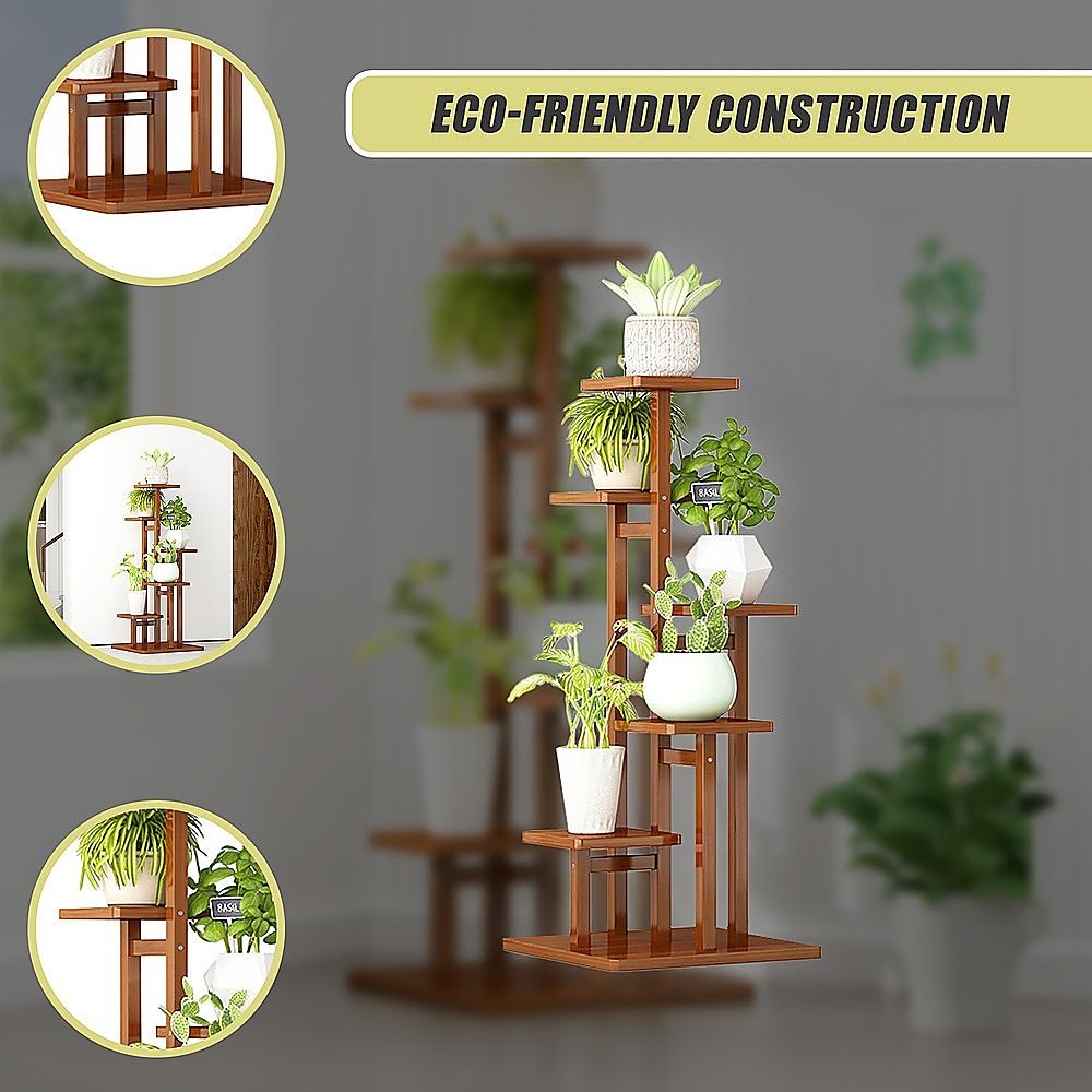 5 Tiers Vertical Bamboo Plant Stand Staged Flower Shelf Rack Outdoor Garden