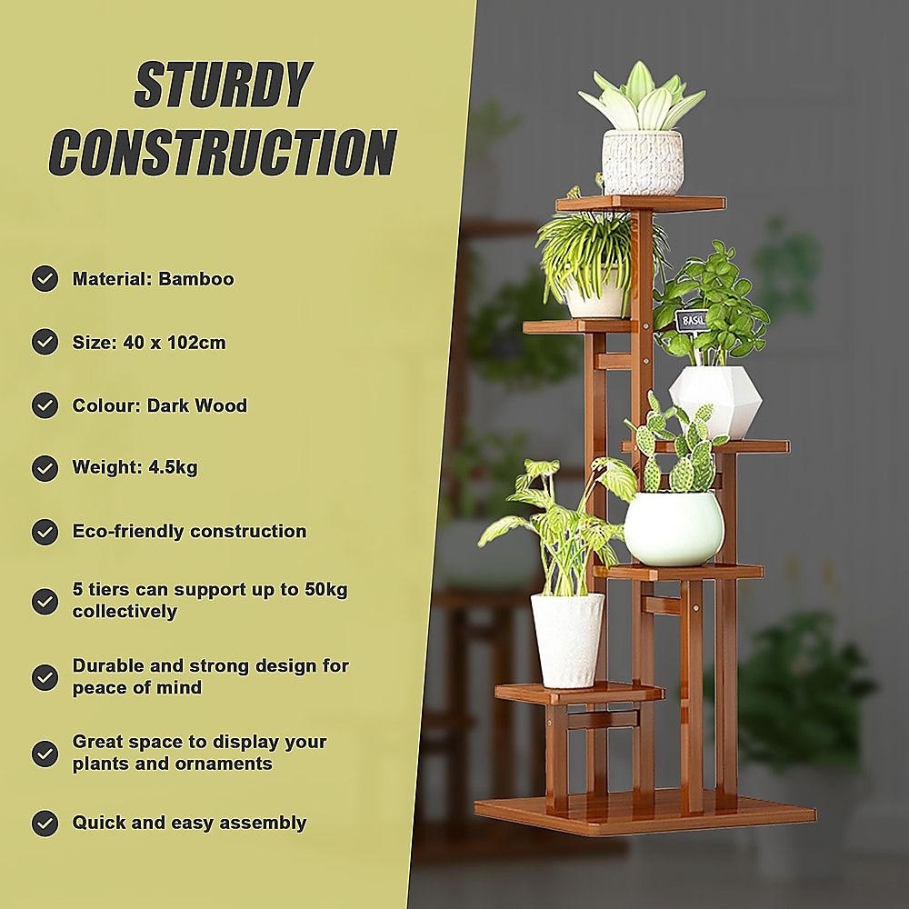 5 Tiers Vertical Bamboo Plant Stand Staged Flower Shelf Rack Outdoor Garden