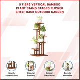 5 Tiers Vertical Bamboo Plant Stand Staged Flower Shelf Rack Outdoor Garden