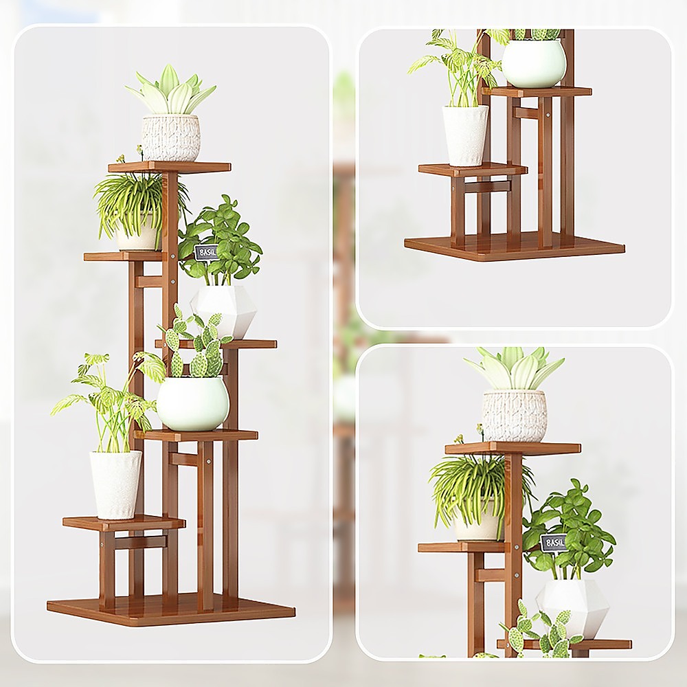 5 Tiers Vertical Bamboo Plant Stand Staged Flower Shelf Rack Outdoor Garden