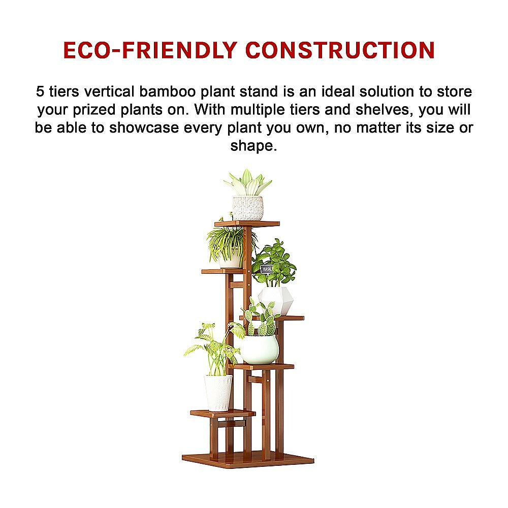 5 Tiers Vertical Bamboo Plant Stand Staged Flower Shelf Rack Outdoor Garden