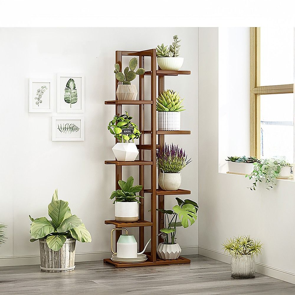 6 Tiers Vertical Bamboo Plant Stand Staged Flower Shelf Rack Outdoor Garden