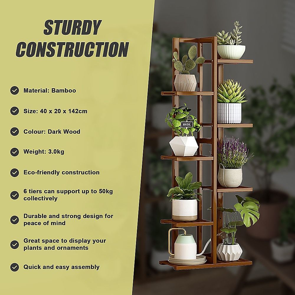 6 Tiers Vertical Bamboo Plant Stand Staged Flower Shelf Rack Outdoor Garden