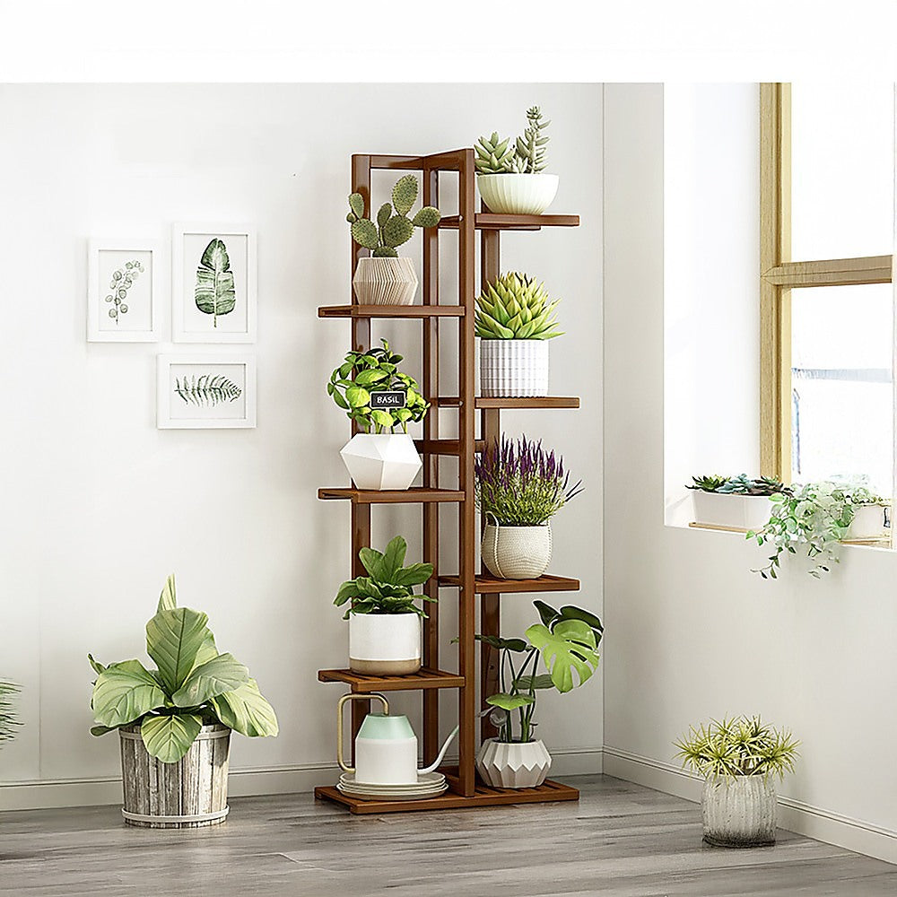 6 Tiers Vertical Bamboo Plant Stand Staged Flower Shelf Rack Outdoor Garden