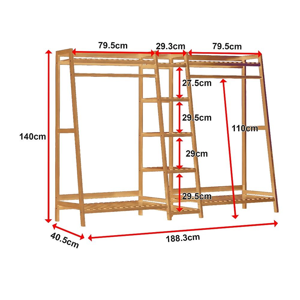 Portable Clothes Rack Coat Garment Stand Bamboo Rail Hanger Airer Closet