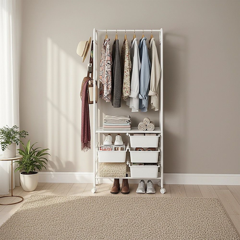 Metal Open Wardrobe Modern Storage Cabinet Tall Clothes Drawers Hanger Coat Rack